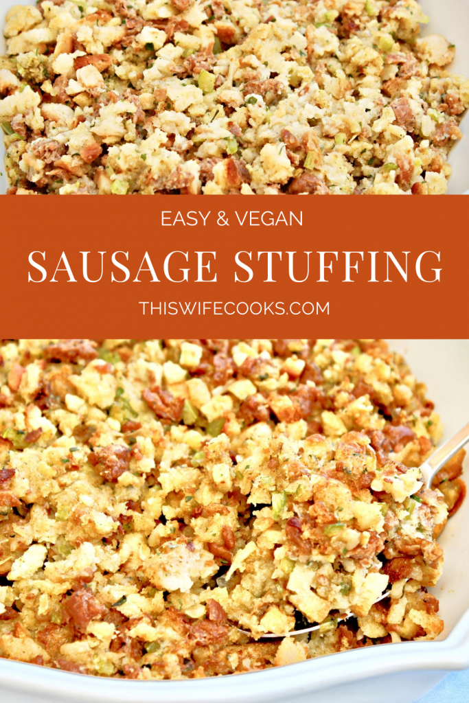 Sausage Stuffing ~  Upgrade store-bought stuffing mix with fresh veggies and plant-based sausage.  This savory classic Thanksgiving side dish is ready to serve in about 30 minutes.