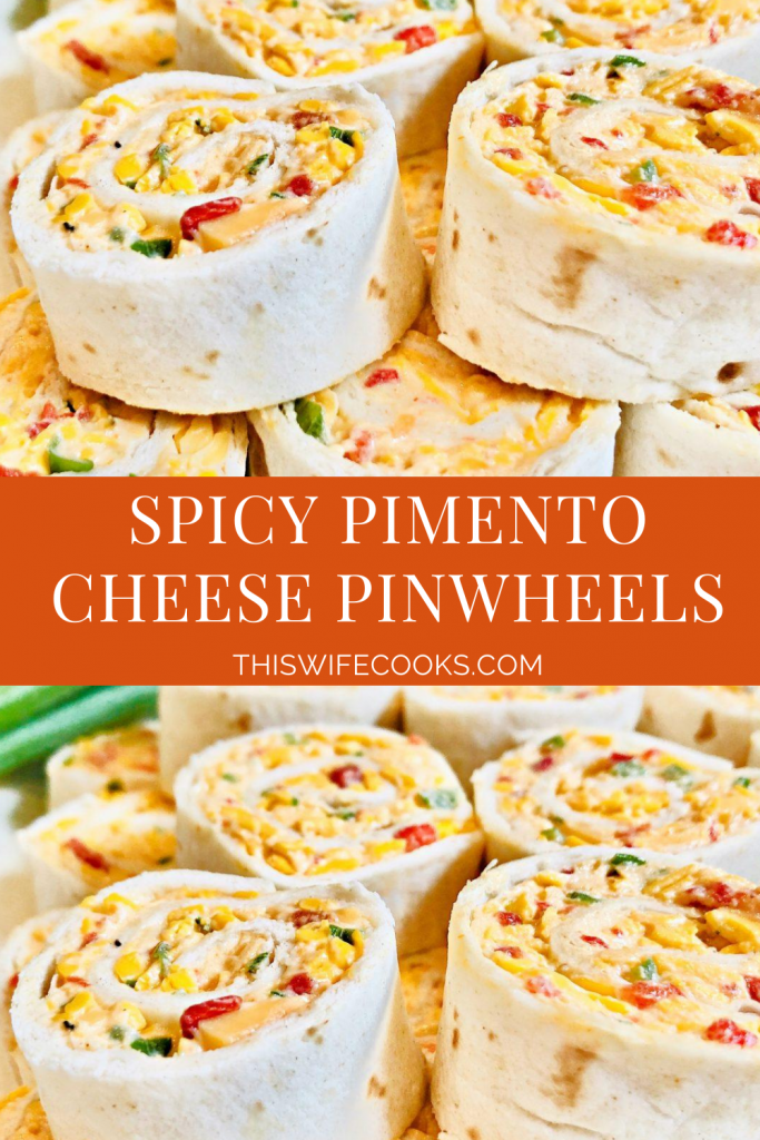 Pimento Cheese Pinwheels are easy to make, and perfect for parties, potlucks, & tailgating! Make ahead and refrigerate until ready to serve.