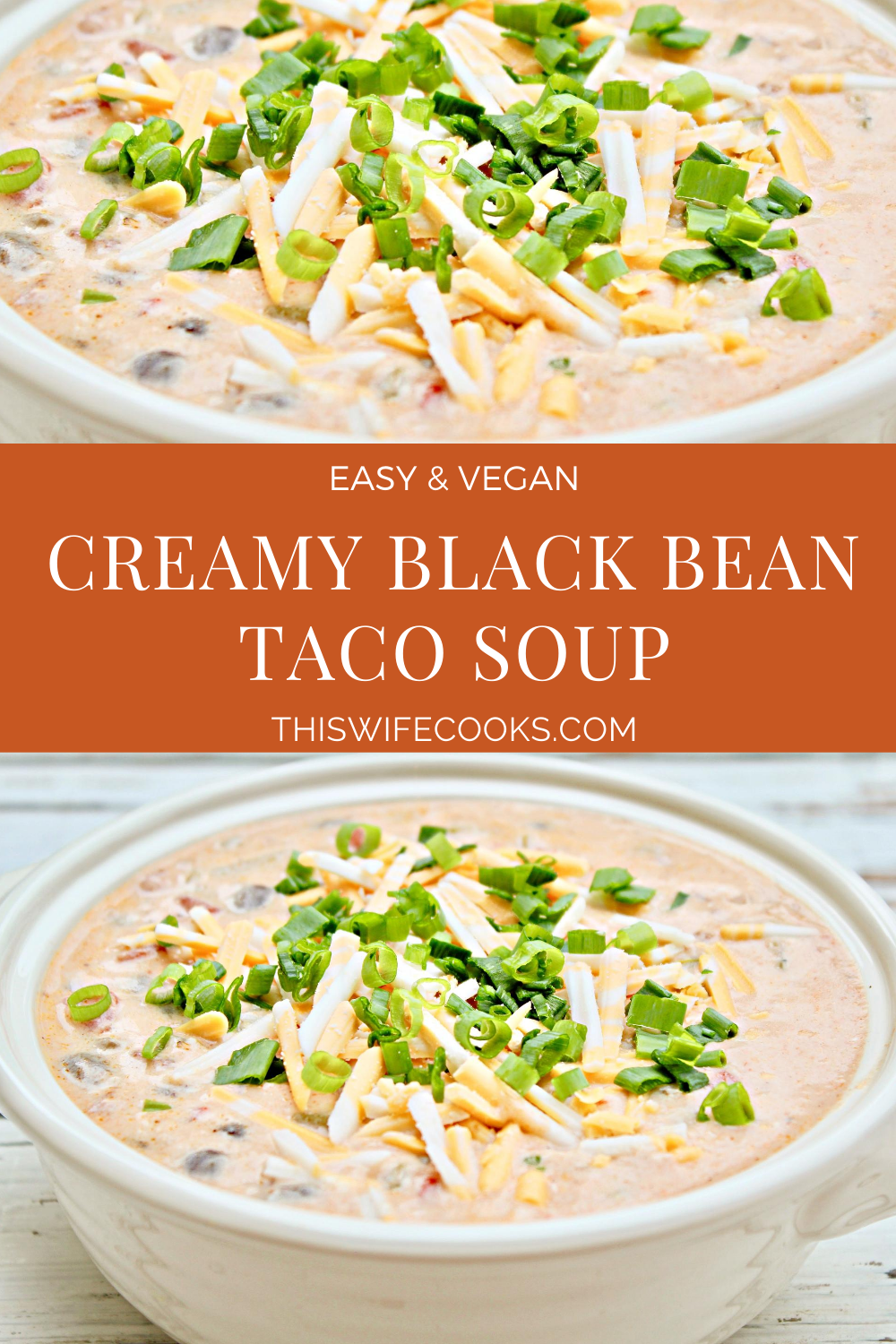 Creamy Black Bean Taco Soup ~ Easy and dairy-free cheesy weeknight dinner packed with black beans, onions, tomatoes, green chiles, and taco seasonings. If you like loaded queso, you're going to love this taco soup! via @thiswifecooks