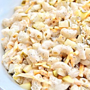 Dill Pickle Pasta Salad ~ A creamy and refreshingly tangy chilled pasta salad. Super easy to make ahead. Great for picnics and cookouts.