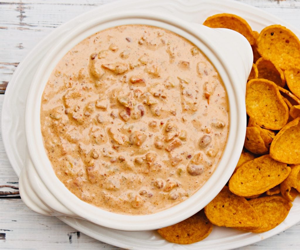 Chili Dip ~  Need a quick and easy game day or movie night snack? This crowd-pleasing dip is ready to serve in 10 minutes or less!