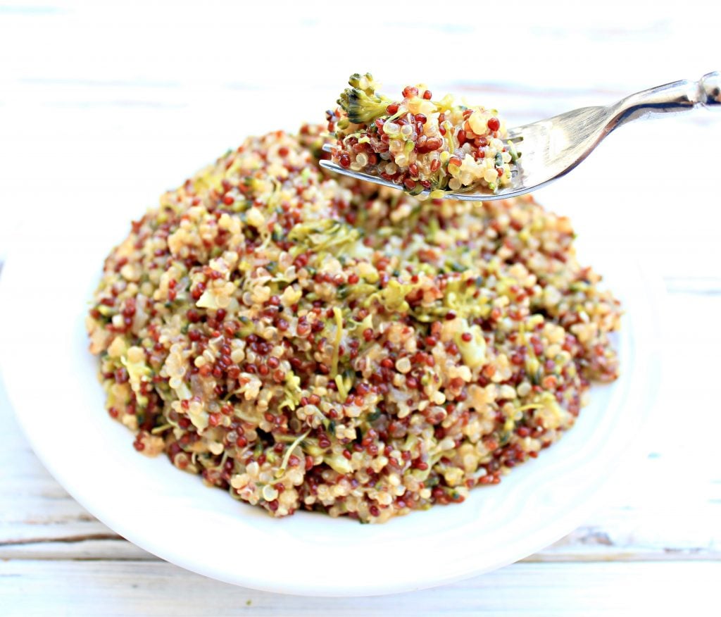 Cheesy Broccoli Quinoa ~ An easy, one-pot, stovetop dish that packs a nutritional punch with fresh broccoli and protein-rich quinoa. Dairy-free cheddar cheese adds a subtle creaminess to this healthy alternative to traditional broccoli rice casserole.
