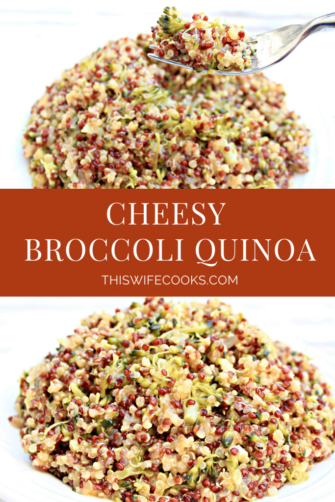 Cheesy Broccoli Quinoa ~ This easy, one-pot, stovetop dish packs a nutritional punch with fresh broccoli and protein-rich quinoa. Dairy-free cheddar cheese adds a subtle creaminess to this healthy alternative to traditional broccoli rice casserole.