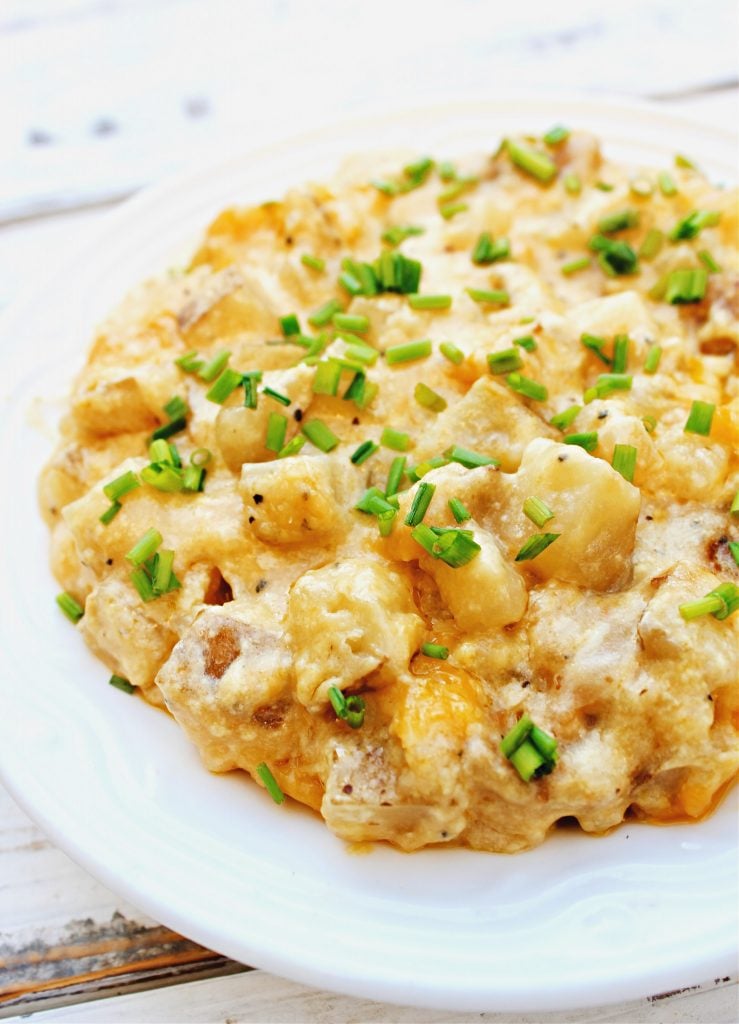 A close-up of crockpot cheesy potatoes casserole topped with chopped green chives, served on a white plate. The dish has a cheesy, golden appearance with visible potato chunks.