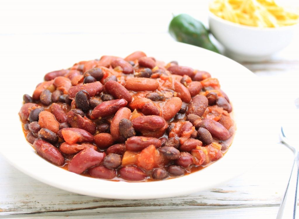 Three Bean BBQ Chili ~ This hearty and healthy chili is packed with protein and ready to serve in about an hour.