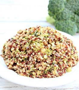 Cheesy Broccoli Quinoa ~ An easy, one-pot, stovetop dish that packs a nutritional punch with fresh broccoli and protein-rich quinoa. Dairy-free cheddar cheese adds a subtle creaminess to this healthy alternative to traditional broccoli rice casserole.