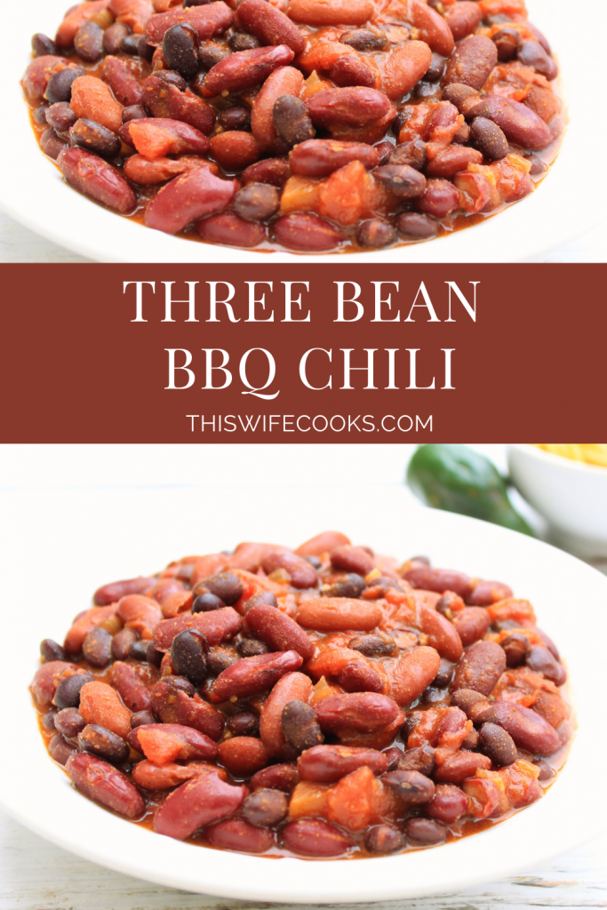 Three Bean BBQ Chili ~ This hearty and healthy chili is packed with protein and ready to serve in about an hour.