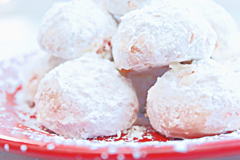 Vegan Cherry Snowball Cookies ~ These fun and festive dairy-free cookies are so easy to make and melt in your mouth!