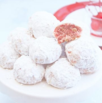 Vegan Cherry Snowball Cookies ~ These fun and festive dairy-free cookies are so easy to make and melt in your mouth!