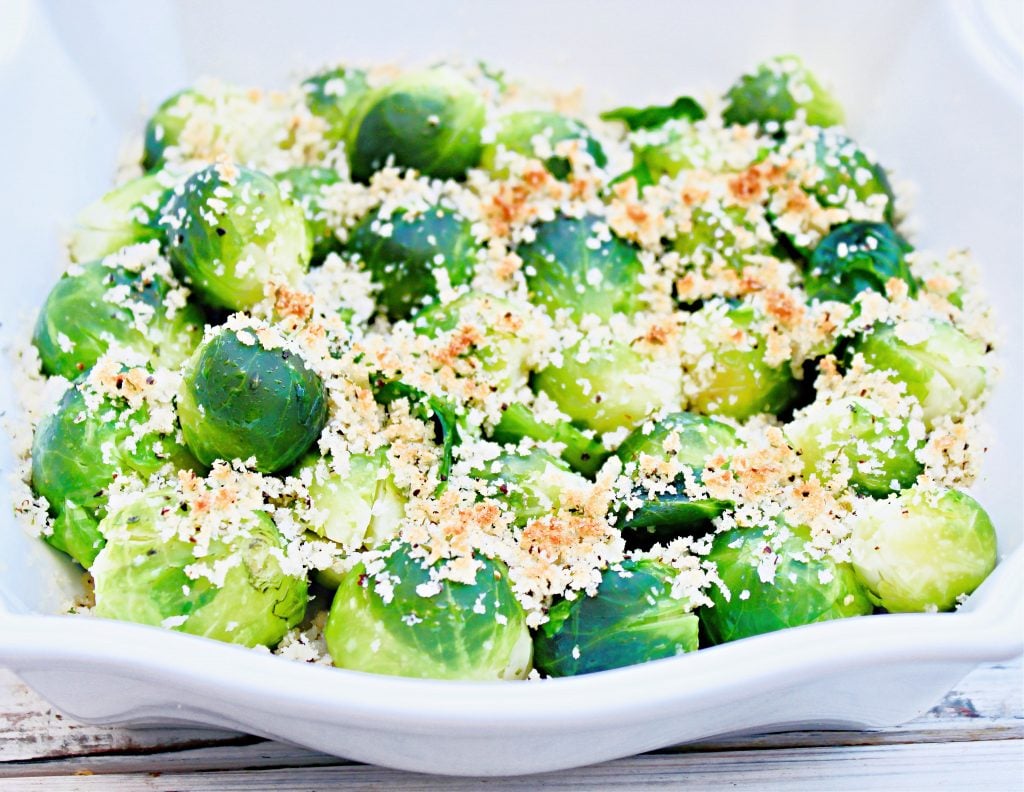 Brussels Sprouts with Toasted Bread Crumbs ~ Perfect for holiday dinners! This easy and delicious side is ready to serve in about 20 minutes!