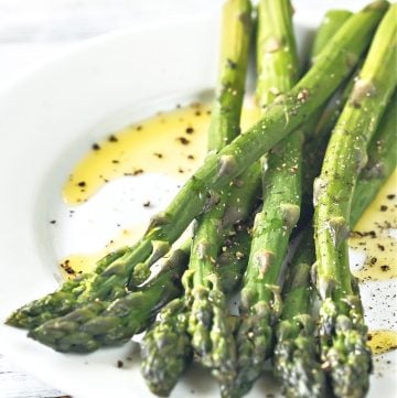 Fresh asparagus spears sauteed with olive oil, butter, garlic, and simple seasonings. Light, fresh, and easy. Ready to serve in just 10-minutes.