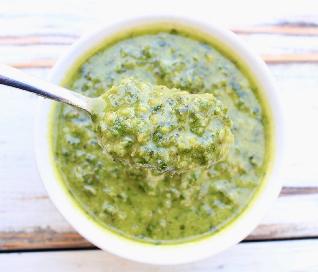 Vegan Basil Pesto ~ Homemade vegan pesto is easy to make in about 5 minutes with simple ingredients. You'll never go back to jarred pesto again!