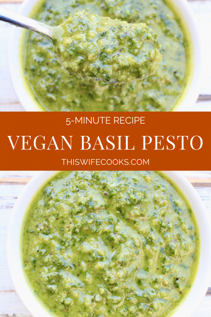 Vegan Basil Pesto ~ Homemade vegan pesto is easy to make in about 5 minutes with simple ingredients. You'll never go back to jarred pesto again!