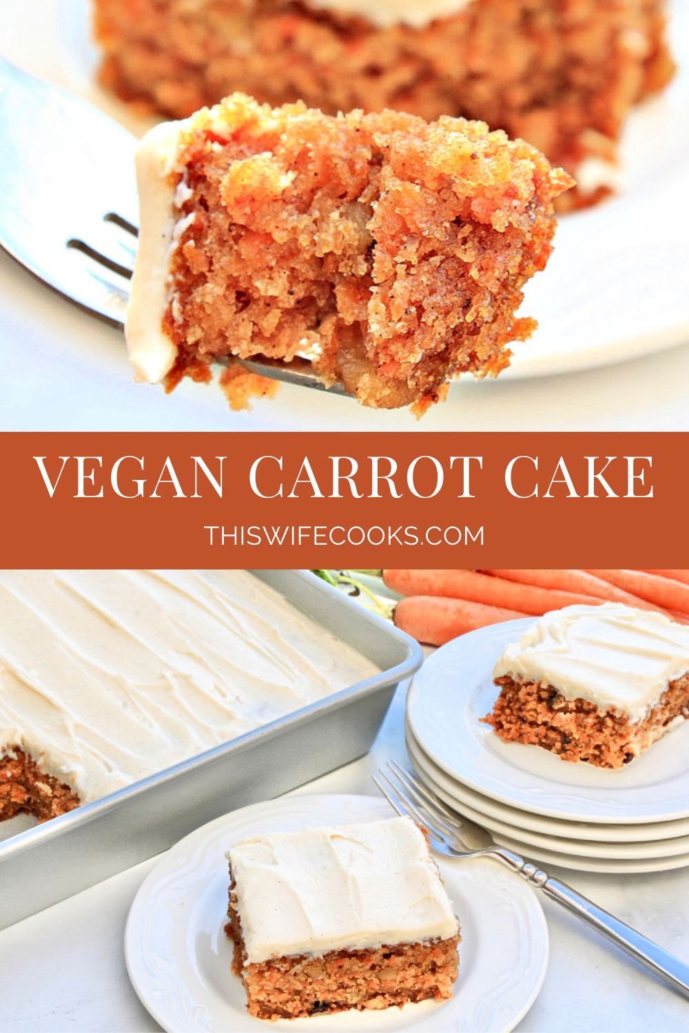 Vegan Carrot Cake ~ This light and tender cake is perfectly sweet, loaded with freshly grated carrots, studded with walnuts, and infused with warm spices of cinnamon and nutmeg in every bite! via @thiswifecooks