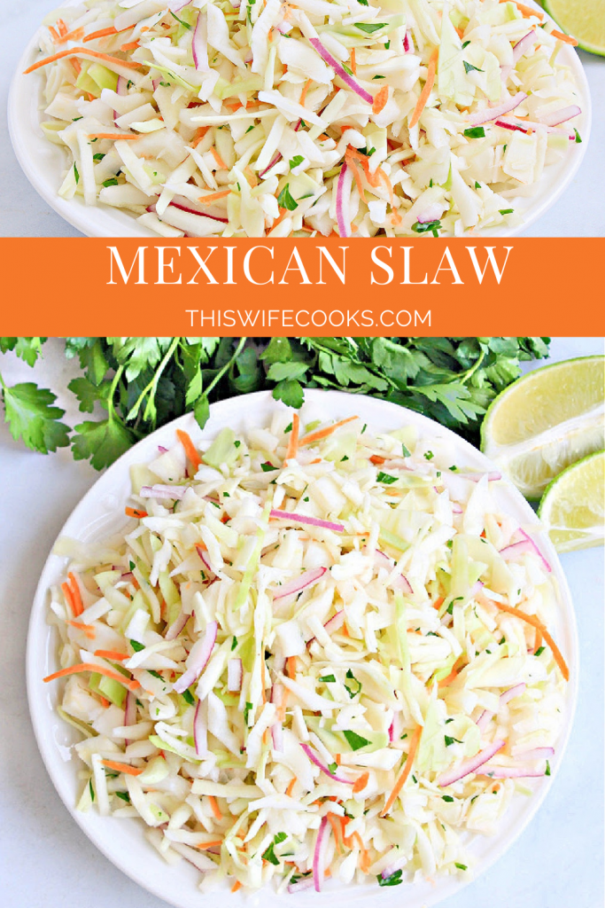 Mexican coleslaw with cabbage, red onion, jalapeno, cilantro, and lime.
