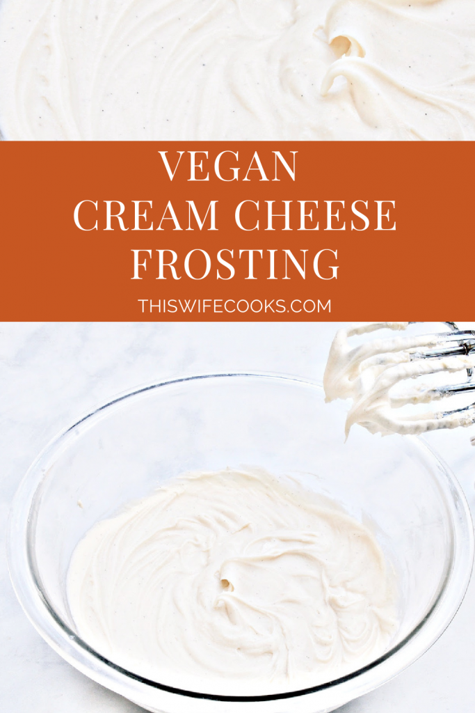 Vegan Cream Cheese Frosting ~ A rich and creamy dairy-free frosting made with 4 simple ingredients. This frosting is perfect for the holidays and everyday desserts, including carrot cake, red velvet cake, and even cookies!