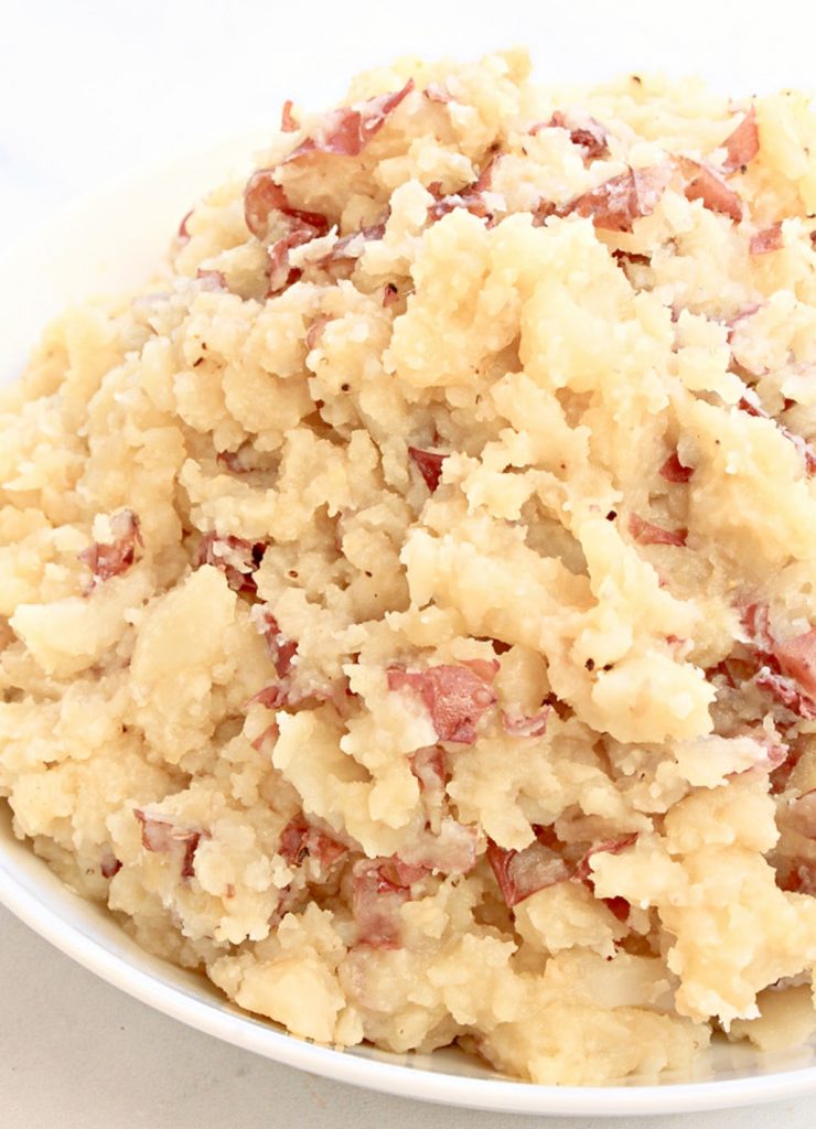 Close-up of red-skinned olive oil mashed potatoes