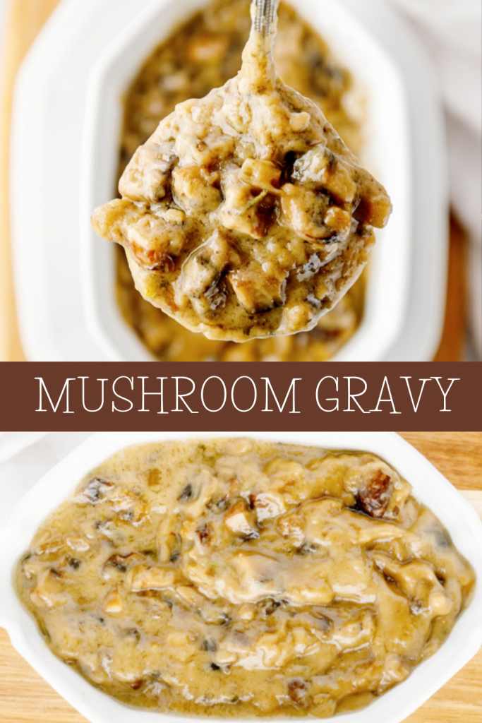 Two images of mushroom gravy in ladle and in serving bowl.