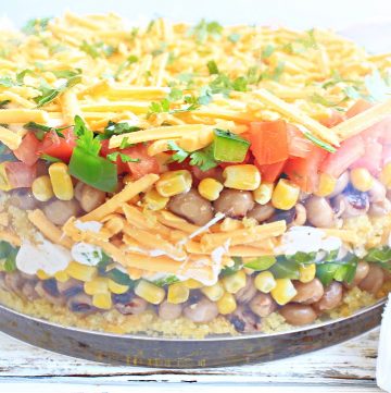 Black-Eyed Pea & Cornbread Salad ~ This Southern-style layered salad is easy to make with plant-based ingredients and great for summertime picnics and potlucks!