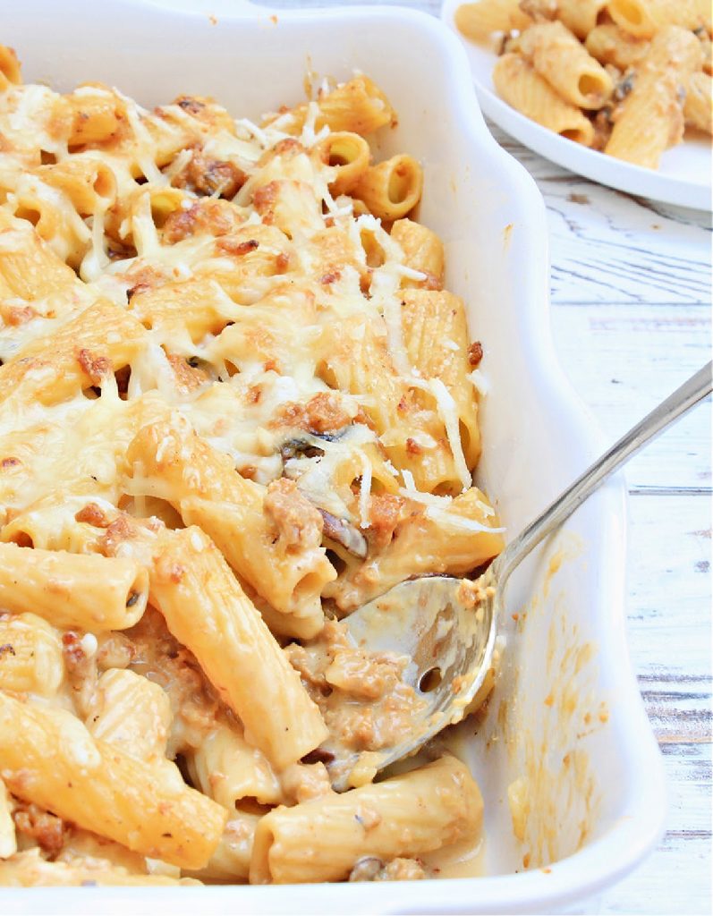 Vegan Sausage and Mushroom Pasta Bake ~ hearty and comforting casserole made with sweet Italian sausage and mushrooms in a creamy, dairy-free white sauce. Ready to serve in about 30 minutes!