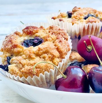 Cherry Muffins ~ Sweet, simple, and bursting with the flavor of fresh cherries! These quick and easy muffins are perfect for breakfast, brunch, afternoon snack, or dessert!