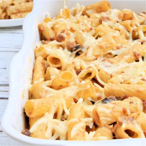 Vegan Sausage and Mushroom Pasta Bake ~ hearty and comforting casserole made with sweet Italian sausage and mushrooms in a creamy, dairy-free white sauce. Ready to serve in about 30 minutes!