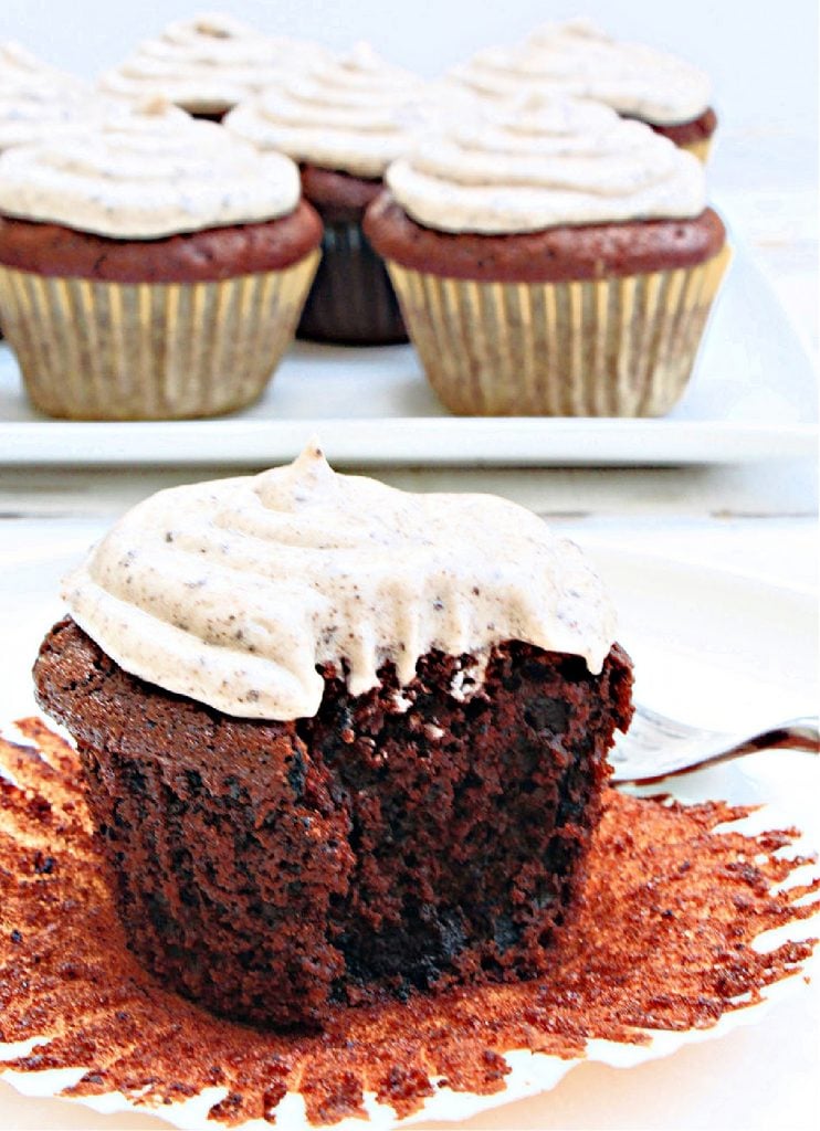 Vegan Cookies and Cream Cupcakes ~ Chocolate Oreo cupcakes topped with Oreo-infused buttercream frosting! Perfect for a birthday party or everyday treat!