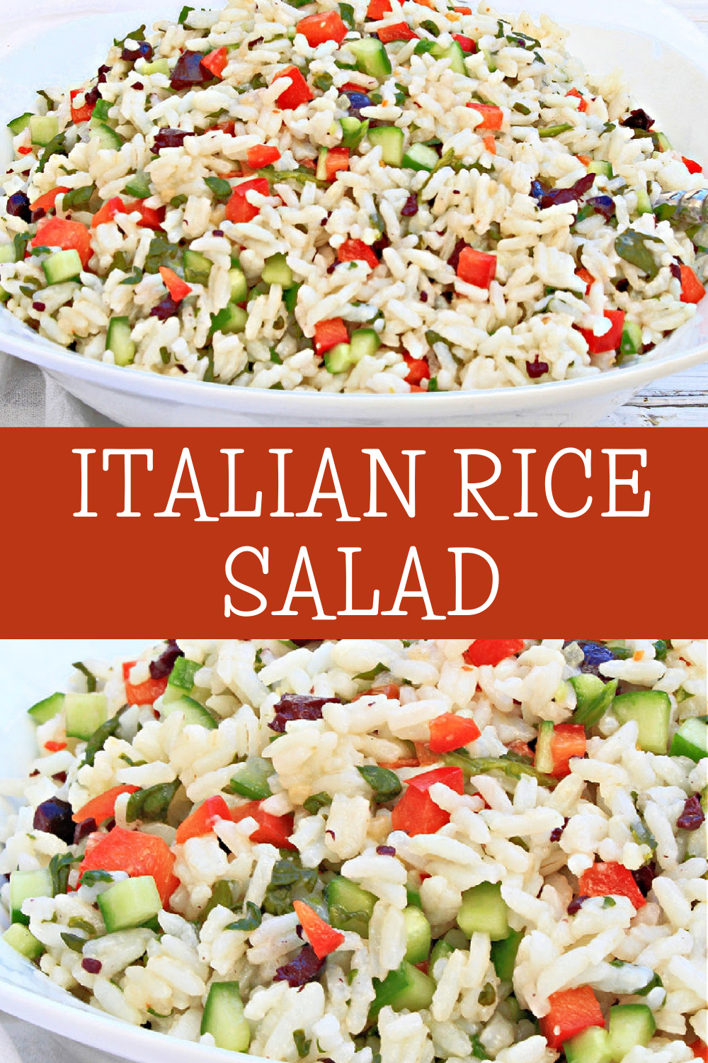 Italian Rice Salad ~ A light and easy grain salad with spinach, peppers, cucumbers, and olives tossed in Italian-style dressing. via @thiswifecooks