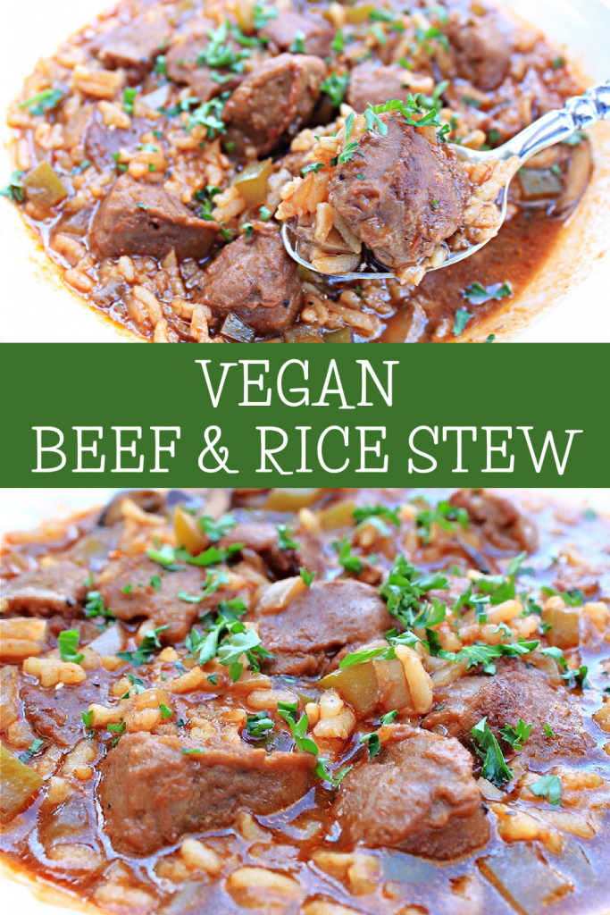 Vegan Beef and Rice Stew ~ A hearty and flavorful one-pot meal that is sure to satisfy! Ready to serve in just 30 minutes!