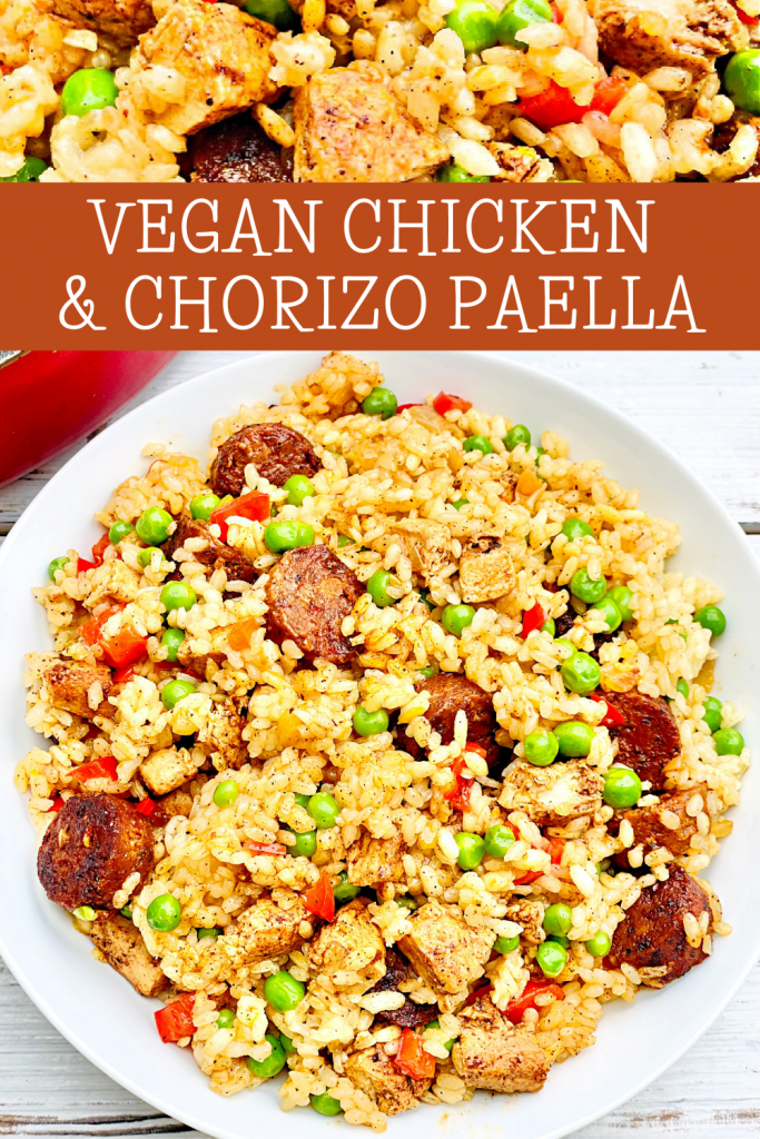 Plant-based chicken and vegan Mexican-style chorizo sausage with saffron-infused rice and fresh veggies. A hearty and flavorful Spanish-inspired dinner your family will love!