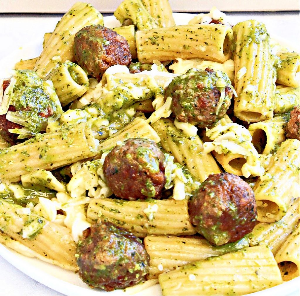 Vegan Pesto Pasta Meatball Bake ~ Six ingredients are all you need for this simple and comforting, plant-based weeknight dinner!