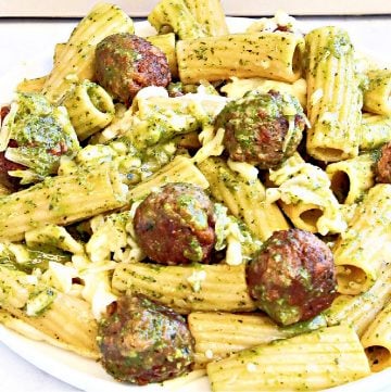 Vegan Pesto Pasta Meatball Bake ~ Six ingredients are all you need for this simple and comforting, plant-based weeknight dinner!