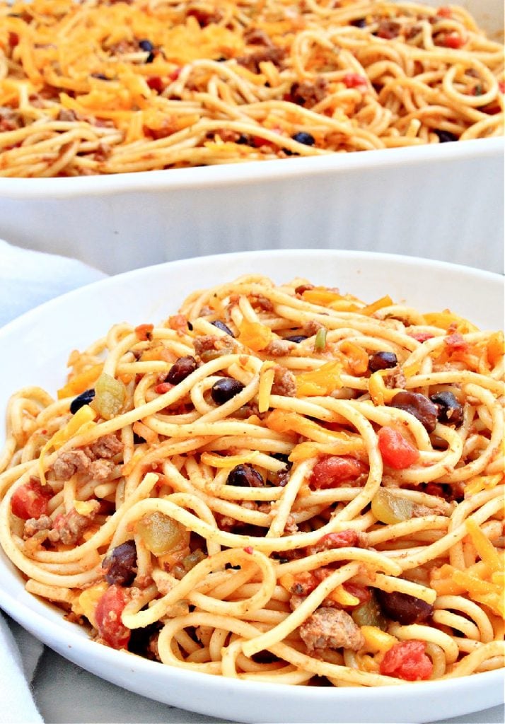 Taco Spaghetti ~ Tex-Mex meets Italian! This taco-inspired casserole, also known as Mexican Spaghetti, is a hit with kids and adults alike!