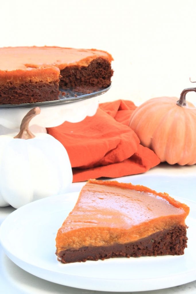 Pumpkin Brownie Pie ~ A dairy-free mashup of two favorite desserts - rich, fudgy brownies and creamy pumpkin pie! Perfect for Thanksgiving or Halloween!
