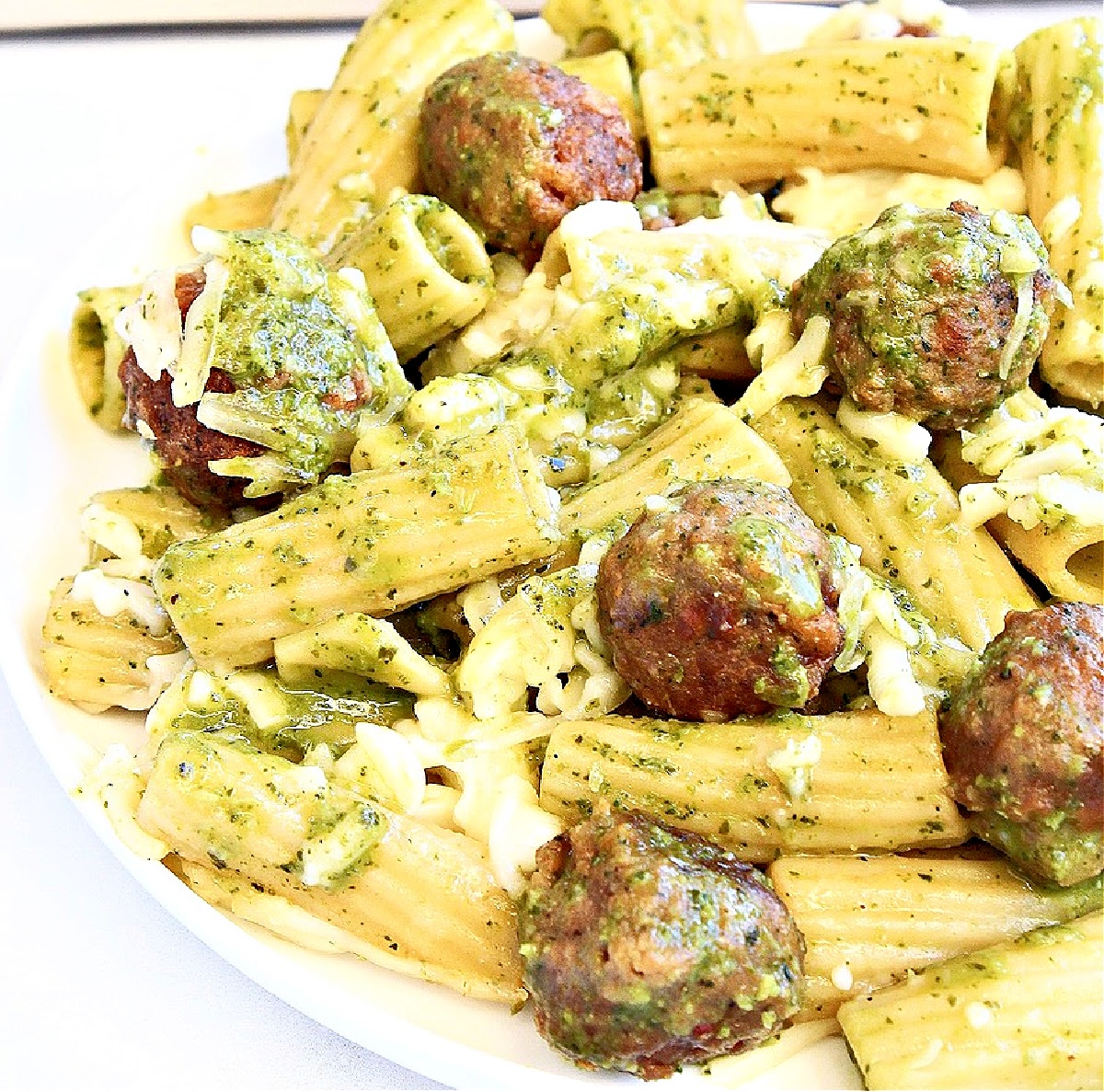 Vegan Pesto Pasta Meatball Bake ~ Six ingredients are all you need for this simple and comforting, plant-based weeknight dinner!