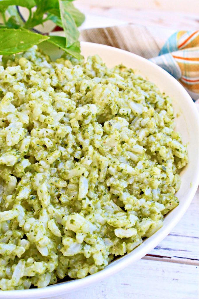 Pesto Rice ~ The light and herbaceous flavors of this creamy rice dish make it a nice addition to all sorts of dinner meals! 