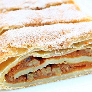 Pumpkin Strudel ~ Puff pastry dough is layered with pumpkin, walnuts, and savory spices of the season then baked until golden!