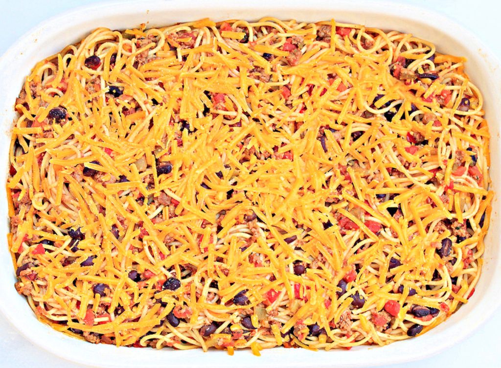 Taco Spaghetti ~ Tex-Mex meets Italian! This taco-inspired casserole, also known as Mexican Spaghetti, is a hit with kids and adults alike!