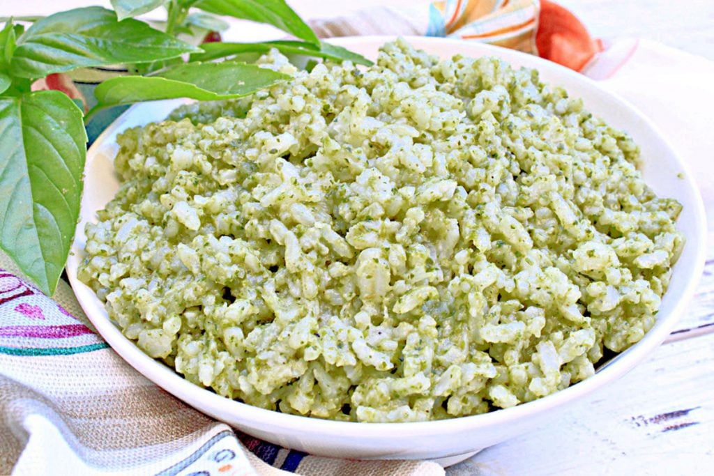 Pesto Rice ~ The light and herbaceous flavors of this creamy rice dish make it a nice addition to all sorts of dinner meals!