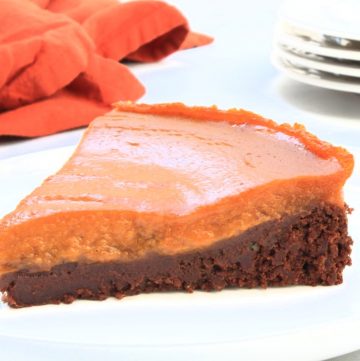 Pumpkin Brownie Pie ~ A dairy-free mashup of two favorite desserts - rich, fudgy brownies and creamy pumpkin pie! Perfect for Thanksgiving or Halloween!