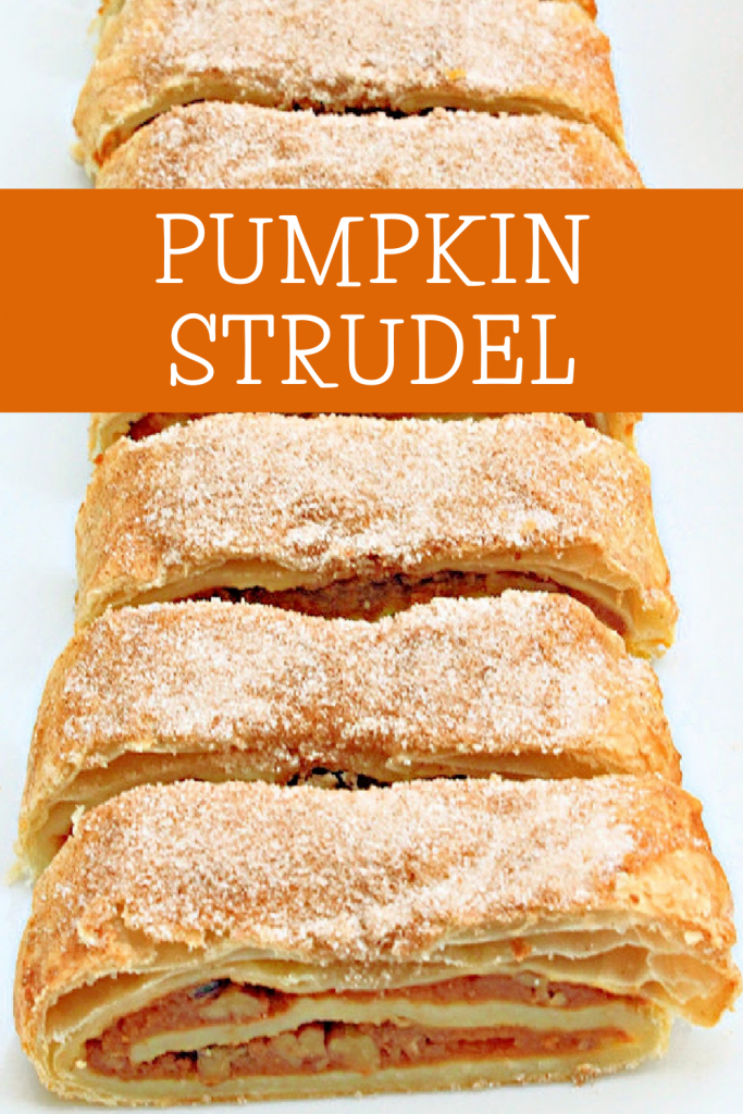 Pumpkin Strudel ~ Puff pastry dough is layered with pumpkin, walnuts, and savory spices of the season then baked until golden!