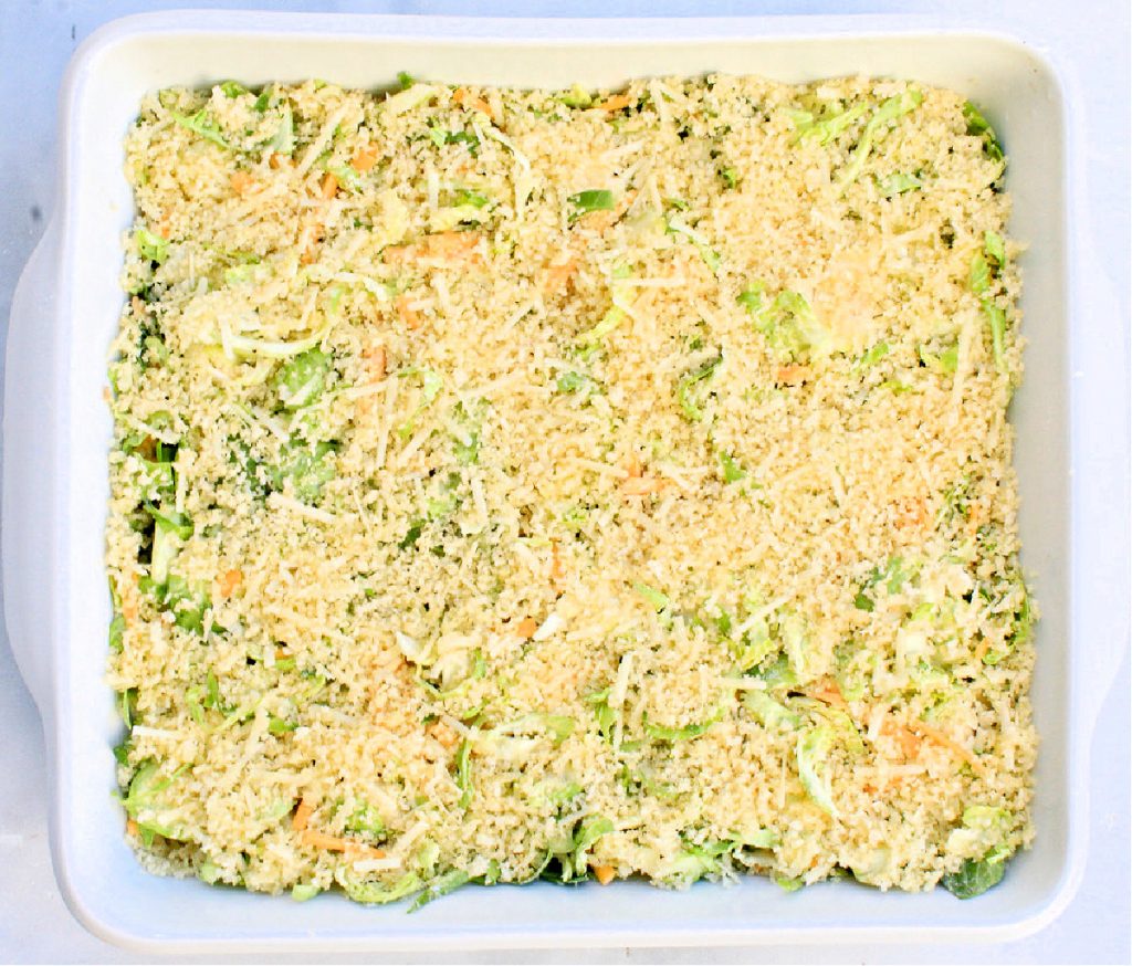 Brussels Sprouts Gratin ~ An easy and elegant, vegan Brussels sprouts casserole side dish made with two kinds of dairy-free cheeses, simple seasonings, and a crispy Panko breadcrumb topping. You'll love this delicious Thanksgiving side dish recipe!