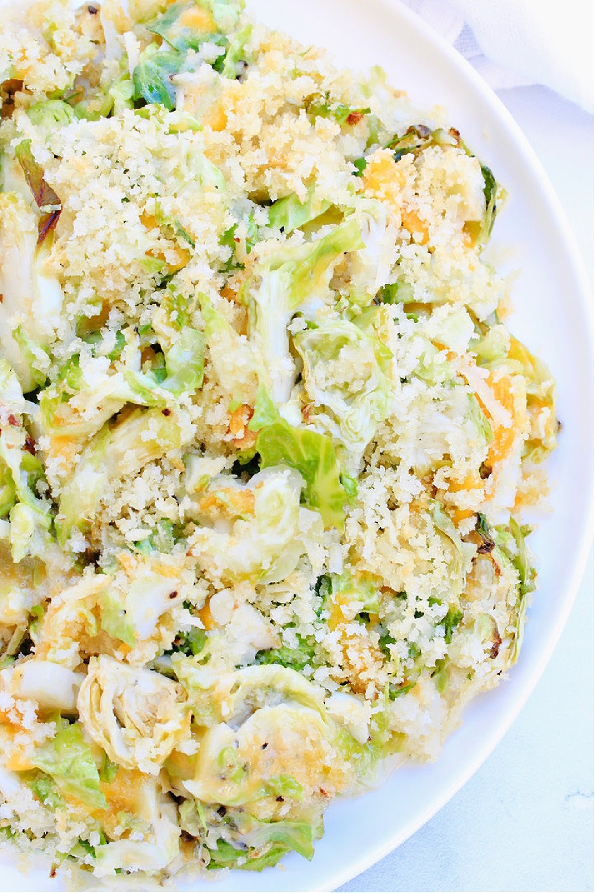 Brussels Sprouts Gratin ~ An easy and elegant, vegan Brussels sprouts casserole side dish made with two kinds of dairy-free cheeses, simple seasonings, and a crispy Panko breadcrumb topping. You'll love this delicious Thanksgiving side dish recipe!