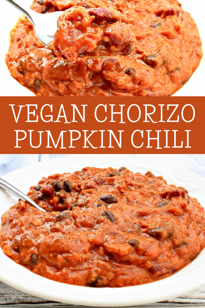 Chorizo Pumpkin Chili ~ Hearty without being heavy, this easy-to-make plant-based chili is perfect for fall gatherings!