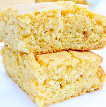 Vegan Cornbread ~ Lightly crisp on the outside, tender and fluffy on the inside, and so easy to make! Serve with chili or as a base for cornbread dressing!