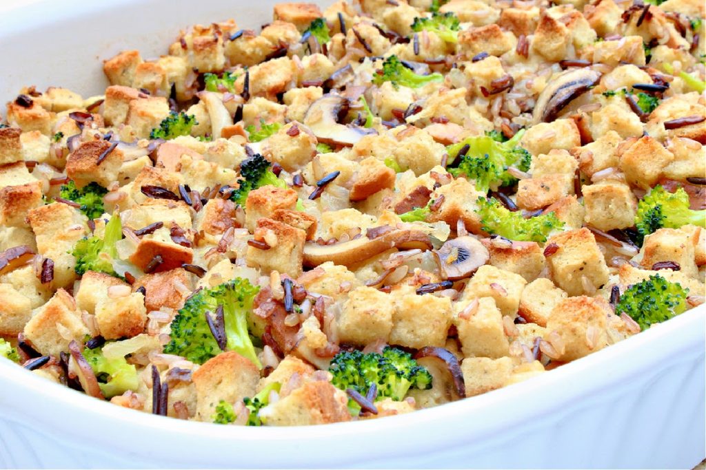 Vegan Wild Rice Stuffing ~ Packed with the earthy flavor of mushrooms and studded with broccoli. Perfect for Thanksgiving or Christmas!