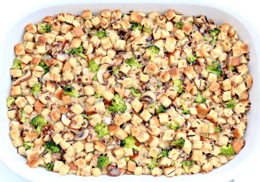 Vegan Wild Rice Stuffing ~ Packed with the earthy flavor of mushrooms and studded with broccoli. Perfect for Thanksgiving or Christmas!