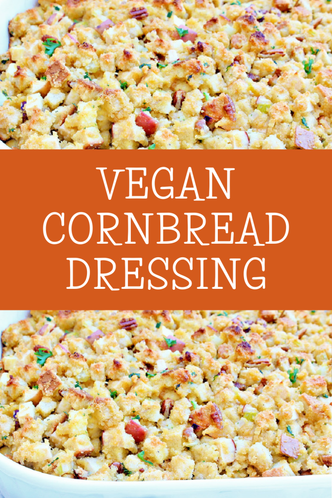 Vegan Cornbread Dressing ~ You're going to love this savory-sweet carb-forward side dish studded with celery, apples, and pecans. This plant-based holiday classic is the perfect addition to your Thanksgiving table!