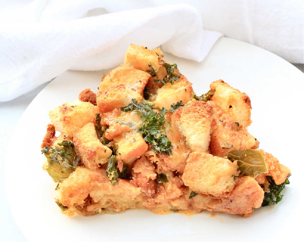 Vegan Sausage and Kale Strata ~ This savory, make-ahead casserole is perfect for holiday mornings, leisurely weekend breakfasts, or breakfast-for-dinner nights at home!