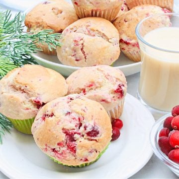 Cranberry Eggnog Muffins! Simple and sweet muffins with dairy-free eggnog and whole berry cranberry sauce. Perfect for the holiday season!